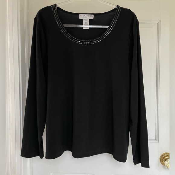 Elegant jet black jeweled neckline top by Sag Harbor size 1X - Picture 1 of 8